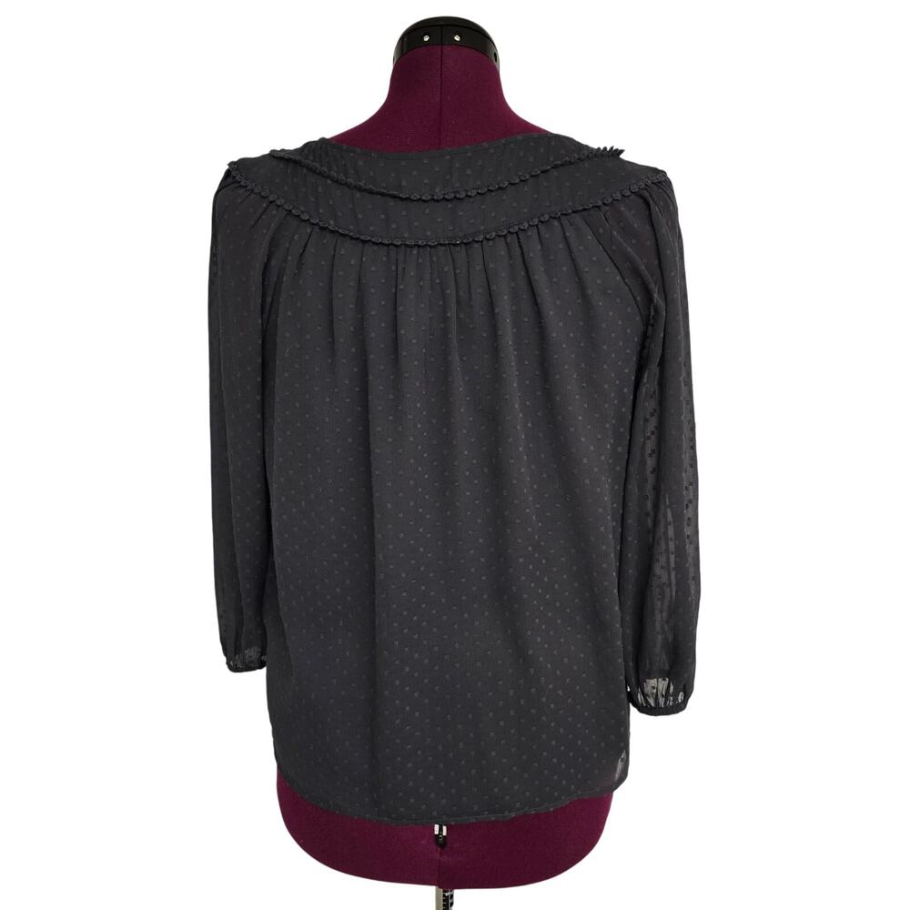 Women's LOFT Gray Swiss Dot 3/4 Sleeve Blouse Crochet Trim | Size Small - Picture 2 of 12